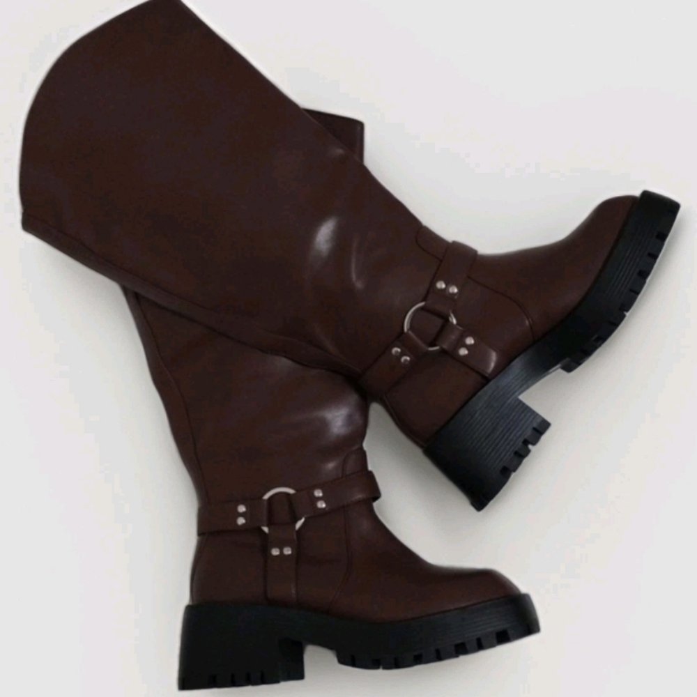 RAID Ultra Wide Fit Square Toe Bikers Knee Boots 8 Platform Chunky Heel Lug Sole